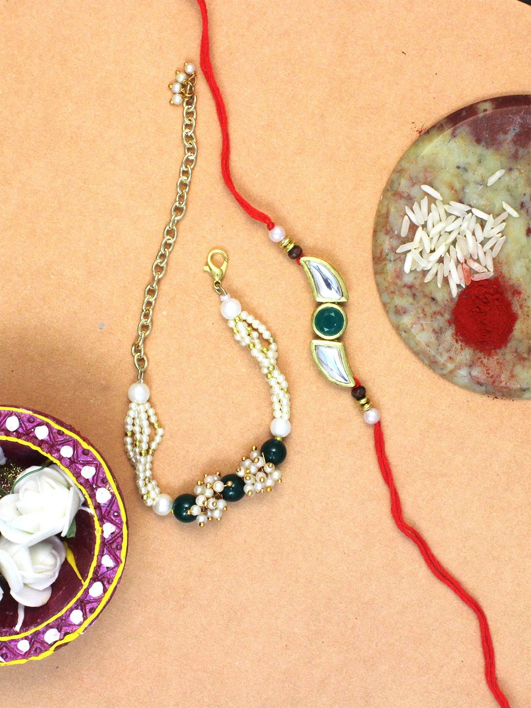 

KARATCART Set of 2 Gold-Plated Bhai Bhabhi Rakhi, Green