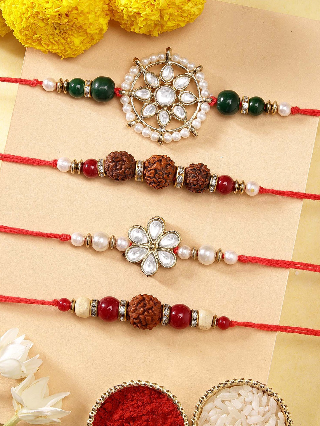 

KARATCART Set of 4 Gold Plated & Red Handmade Kundan Rakhi