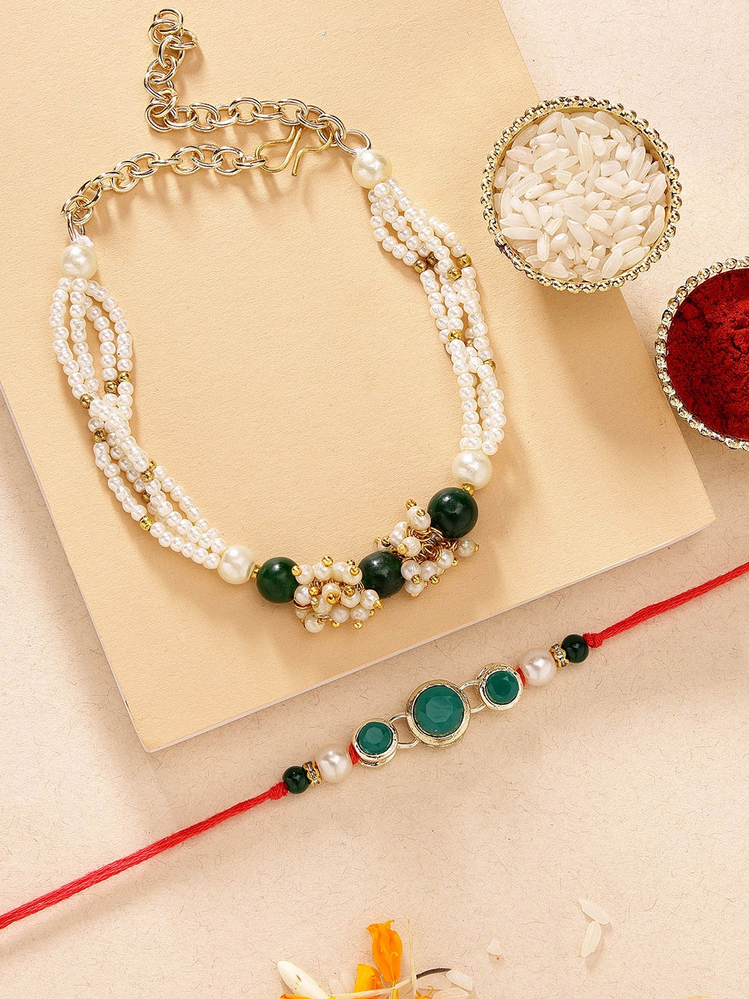 

KARATCART Set of 2 Gold-Plated Bhai Bhabhi Rakhi, Green