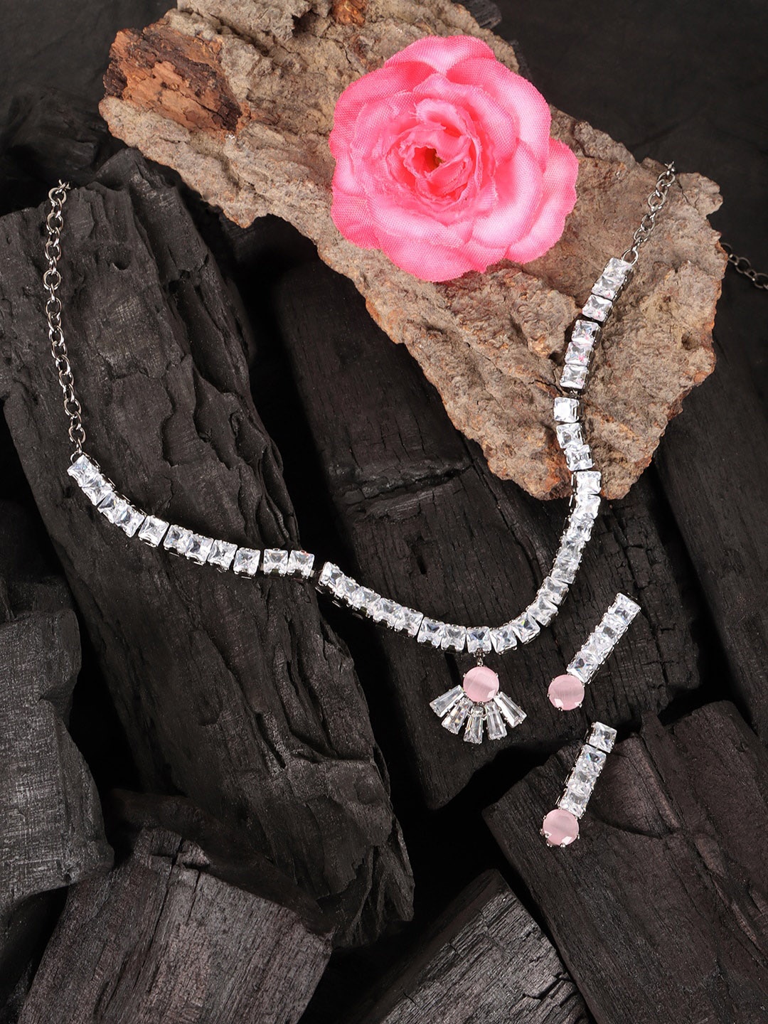 

JEWELS GEHNA Silver-Plated White & Pink AD-Studded Jewellery Set