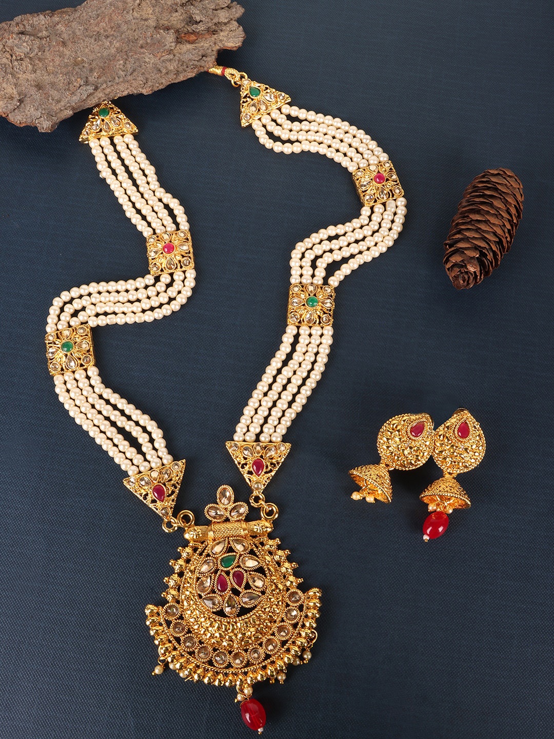 

JEWELS GEHNA Gold Plated Off White Pearl String AD Studded Jewellery Set