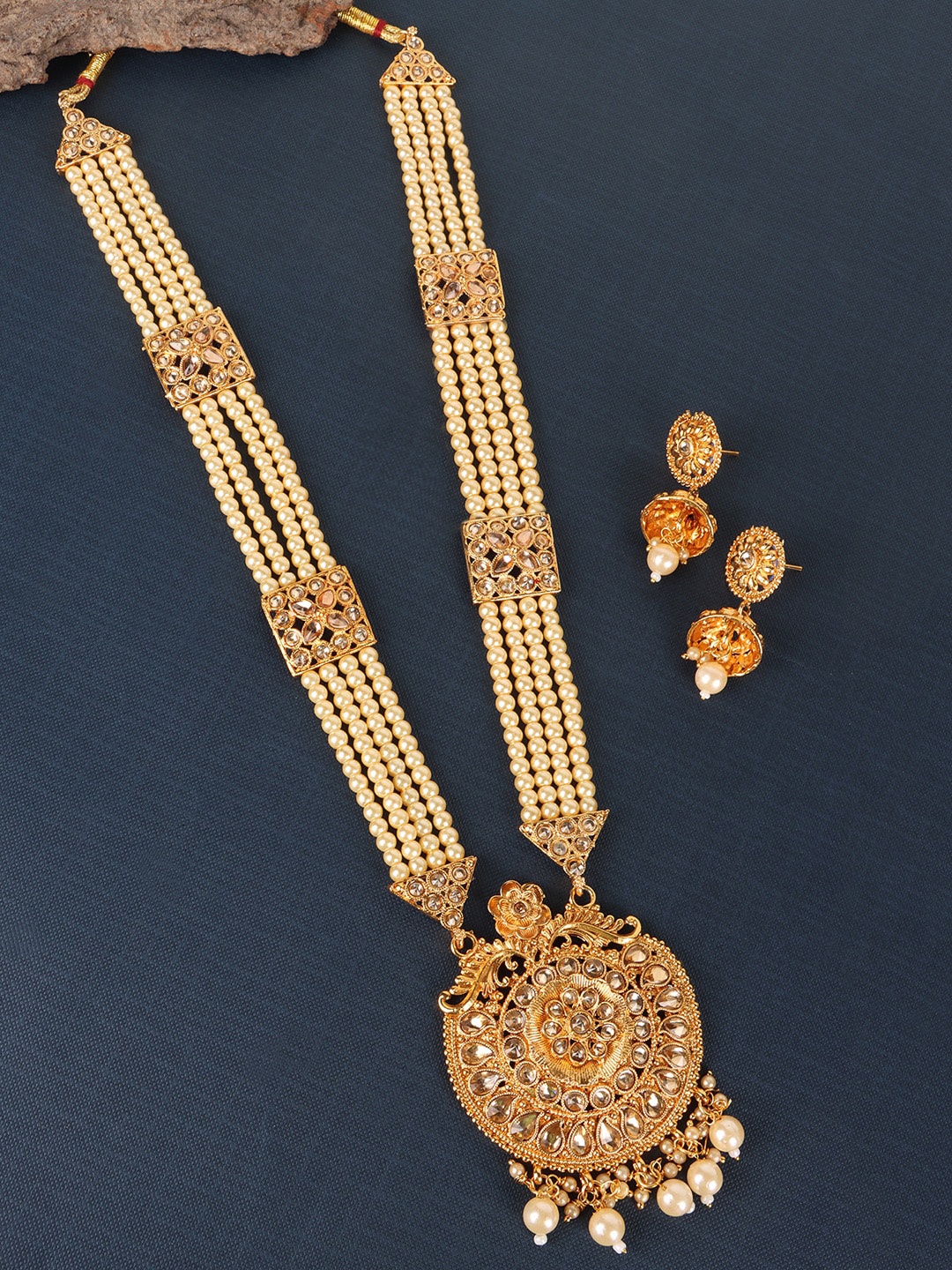 

JEWELS GEHNA Gold-Plated Off White Pearl String AD Studded Jewellery Set