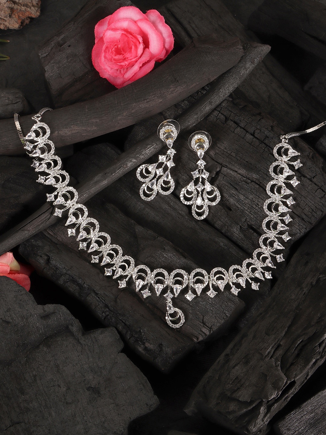 

JEWELS GEHNA Women White Rhodium-Plated Silver-Toned AD-Studded Jewelry Set
