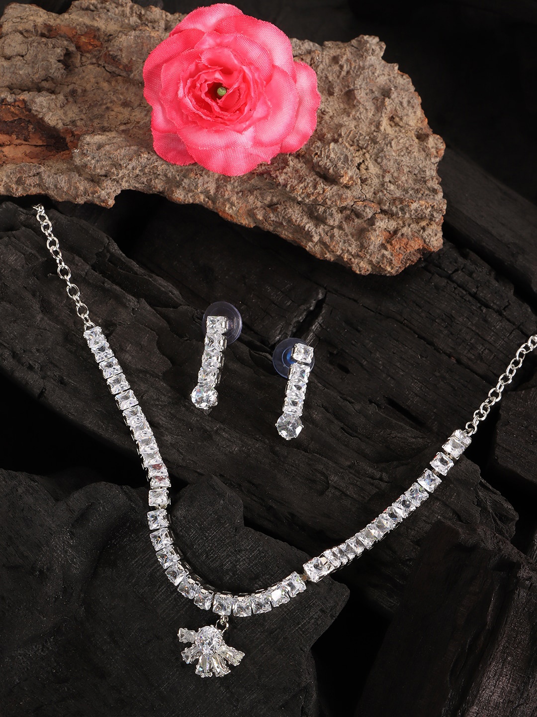 

JEWELS GEHNA Women White Silver-Plated AD-Studded Jewelry Set