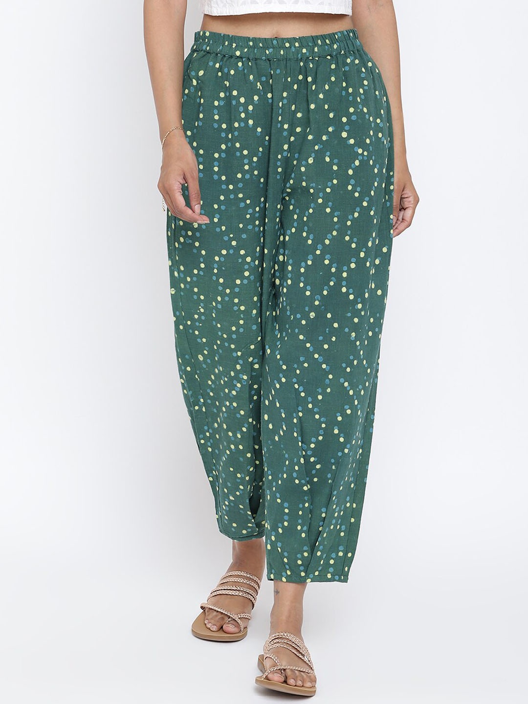 

Fabindia Women Green Printed Loose Fit Pleated Trousers