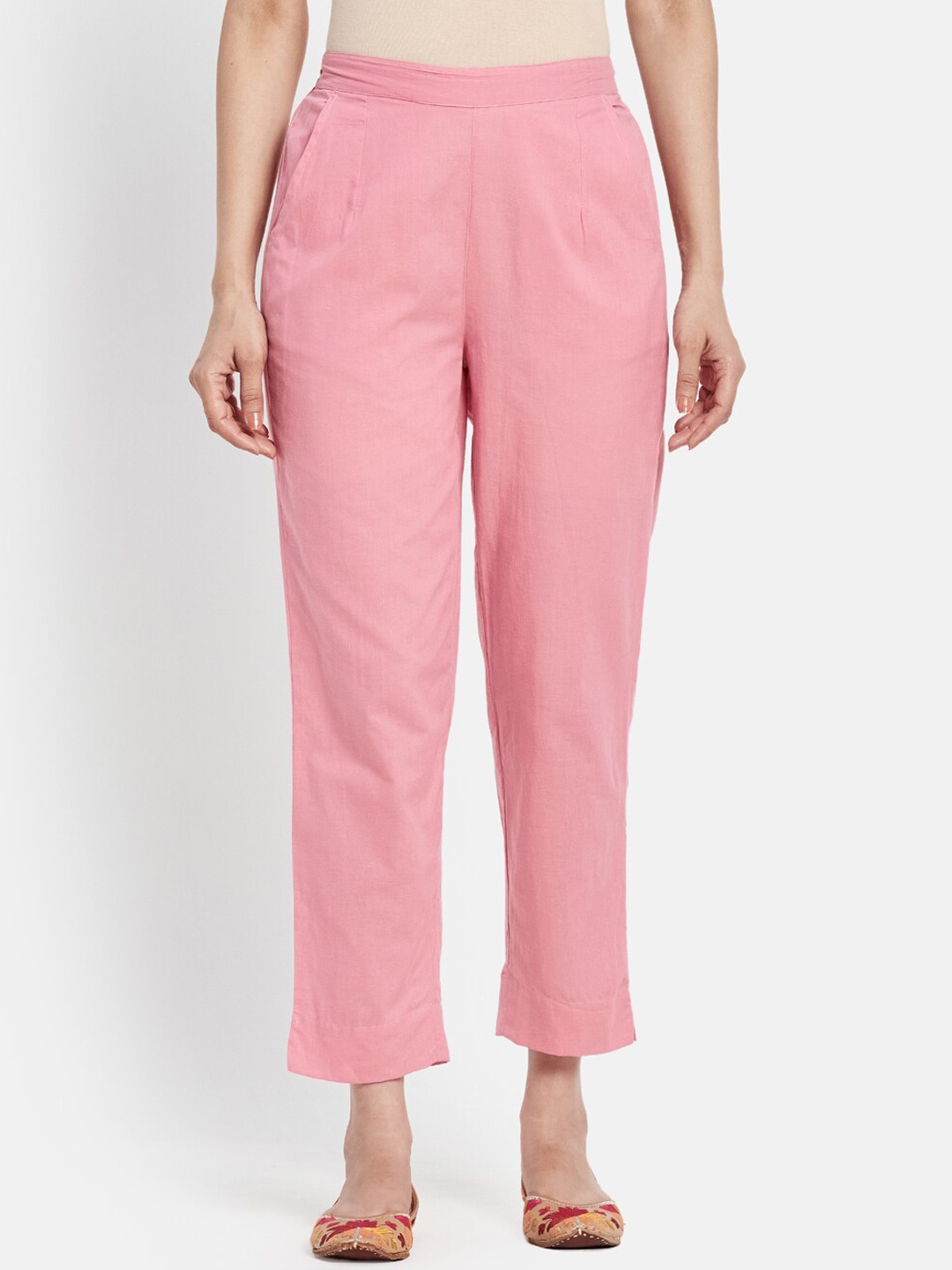 

Fabindia Women Pink Tapered Fit Cambric Cotton Trousers