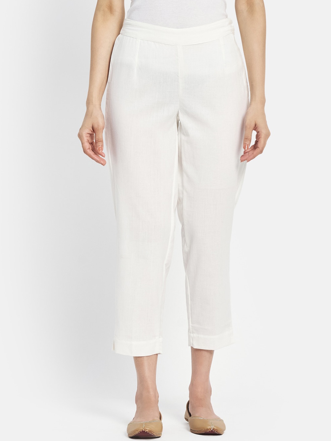 

Fabindia Women White Solid Slim Fit Trousers