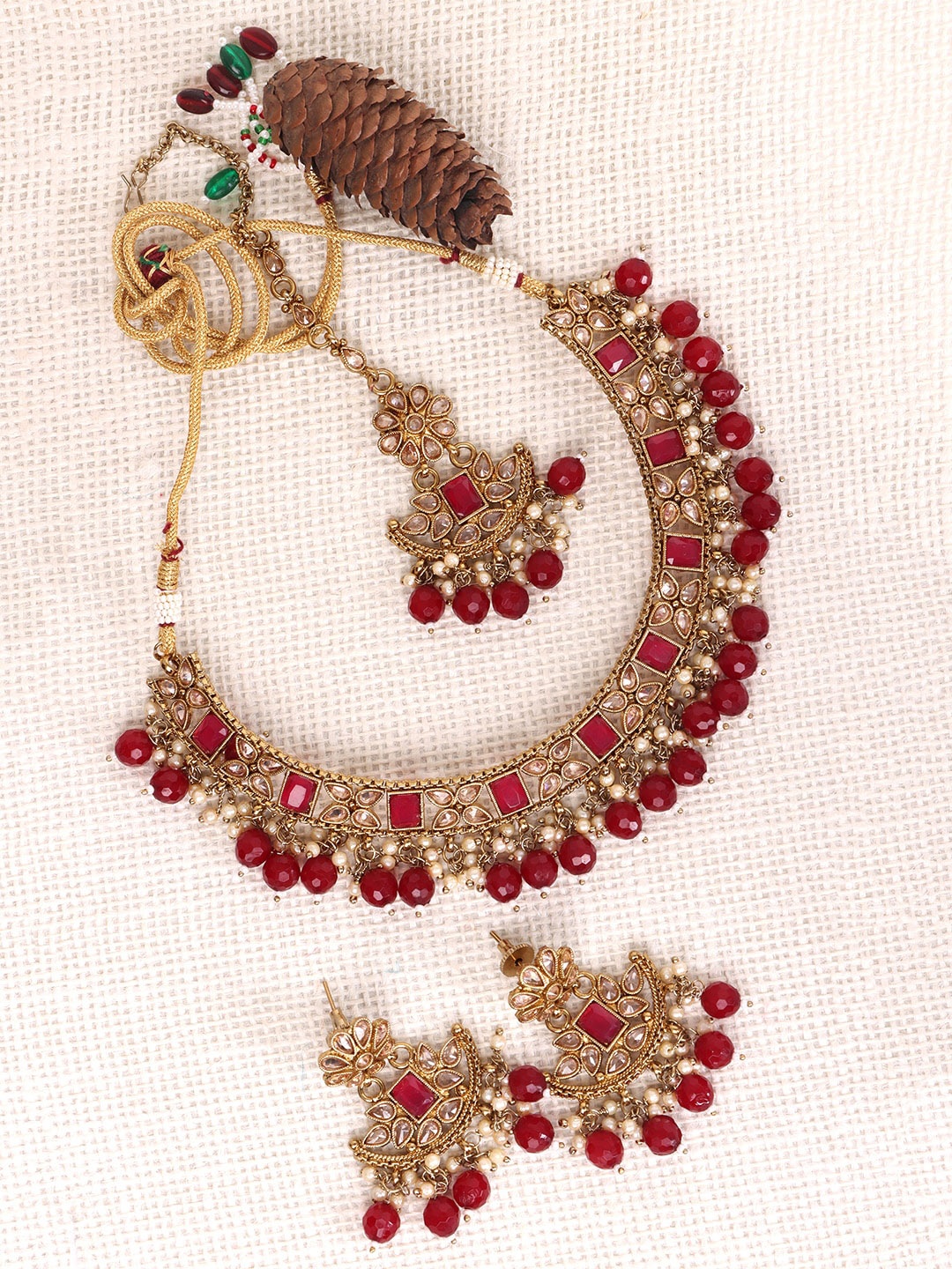 

JEWELS GEHNA Gold-Plated Maroon Stone-Studded & Beaded Jewellery Set