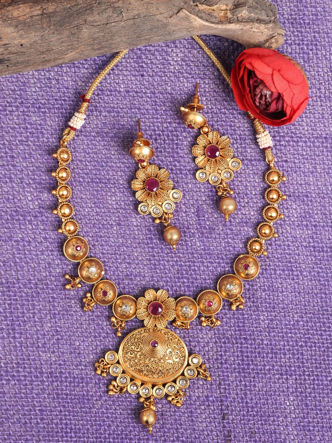 

JEWELS GEHNA Gold-Plated Red AD Studded & Beaded Jewellery Set