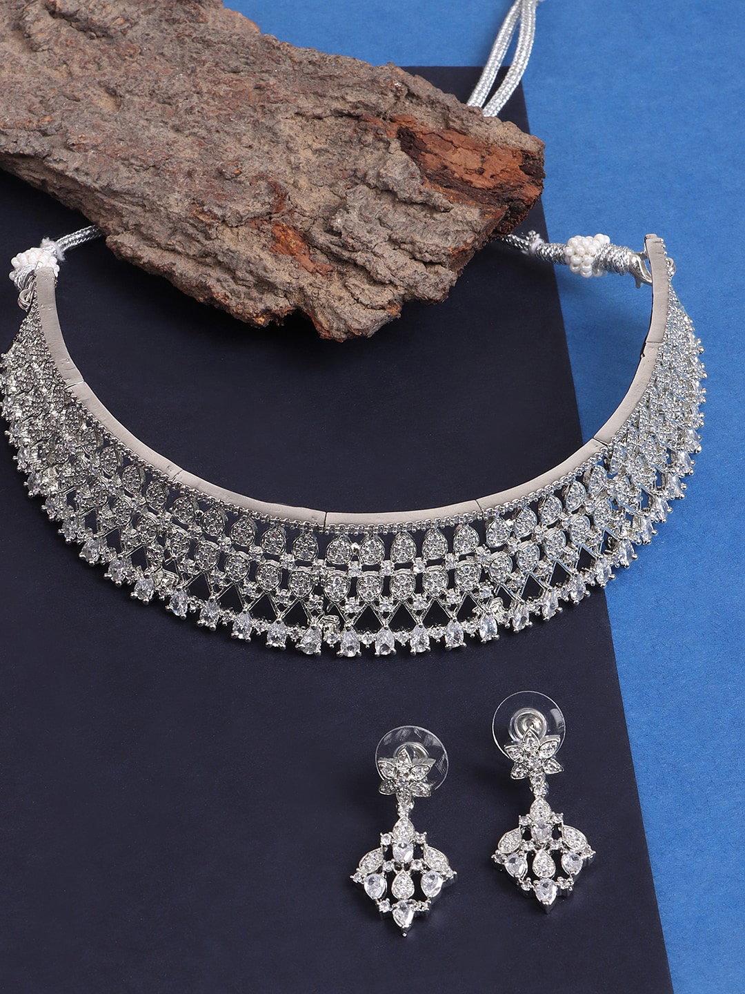 

JEWELS GEHNA Silver-Plated White AD Stone-Studded & Beaded Jewellery Set