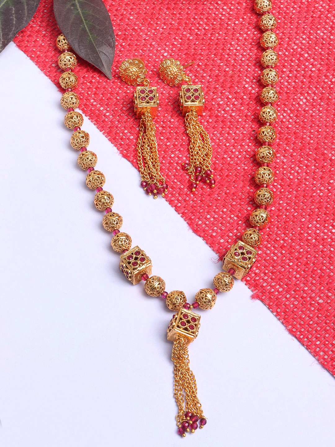 

JEWELS GEHNA Gold-Plated AD Beaded Tasselled Chain Jewellery Set