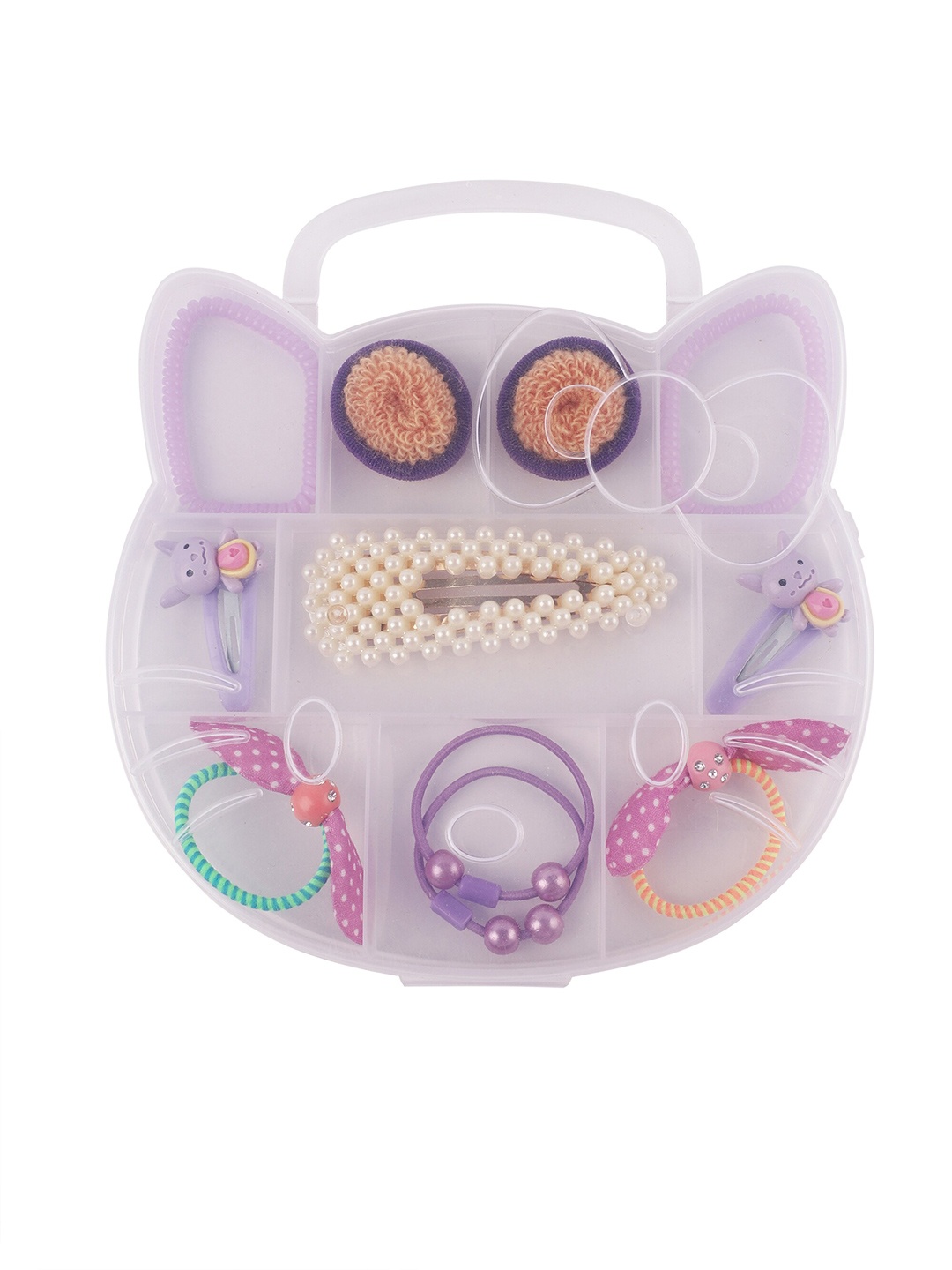 

FOLIYAJ Girls Set Of 13 Purple Beaded Hair Accessory With Cat Shape Storage Box