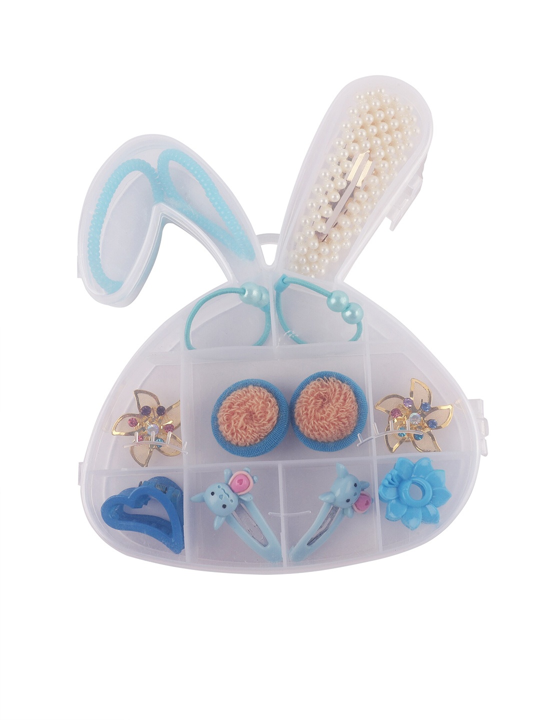 

FOLIYAJ Girls 15 Pcs Blue & White Hair Accessory with Rabbit Shape Storage Box