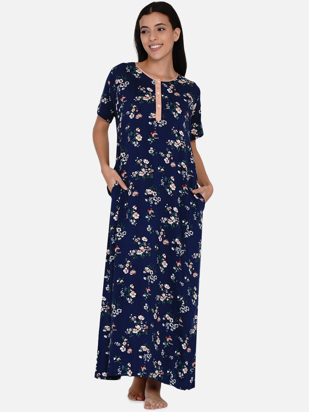 

The Kaftan Company Navy Blue Printed Maxi Nightdress