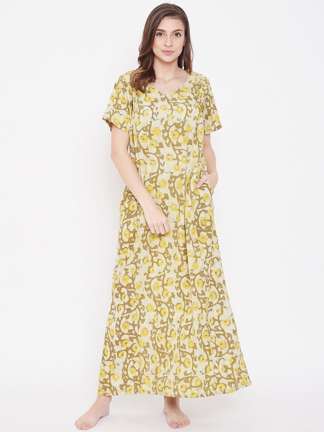 

The Kaftan Company Yellow Printed Maxi Nightdress
