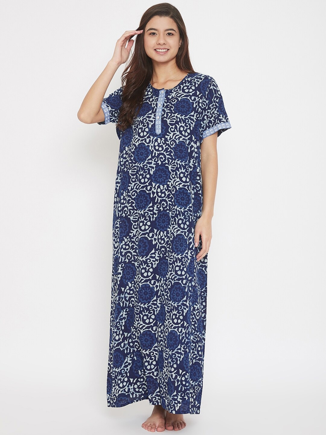 

The Kaftan Company Navy Blue Printed Maxi Nightdress