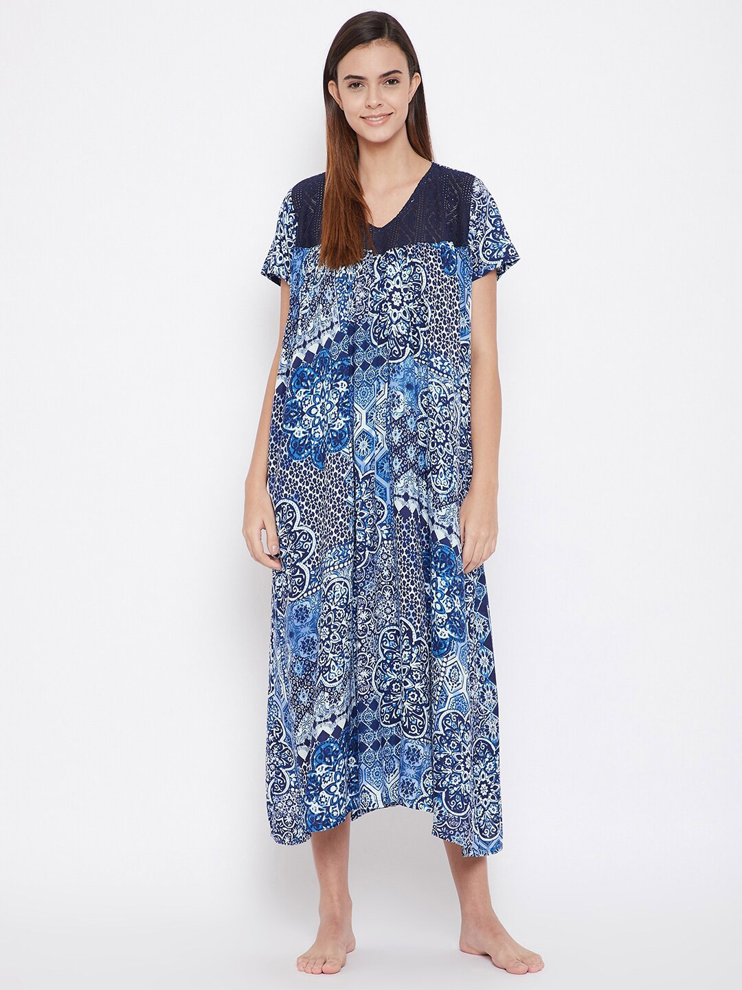 

The Kaftan Company Navy Blue & Grey Printed Maxi Nightdress
