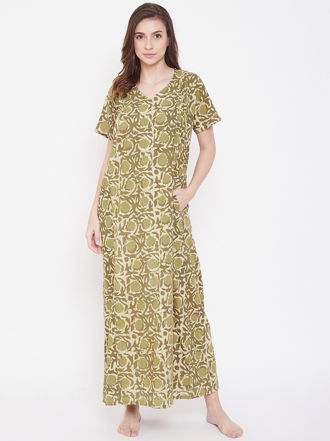 

The Kaftan Company Women Khaki Printed Maxi Pure Cotton Nightdress