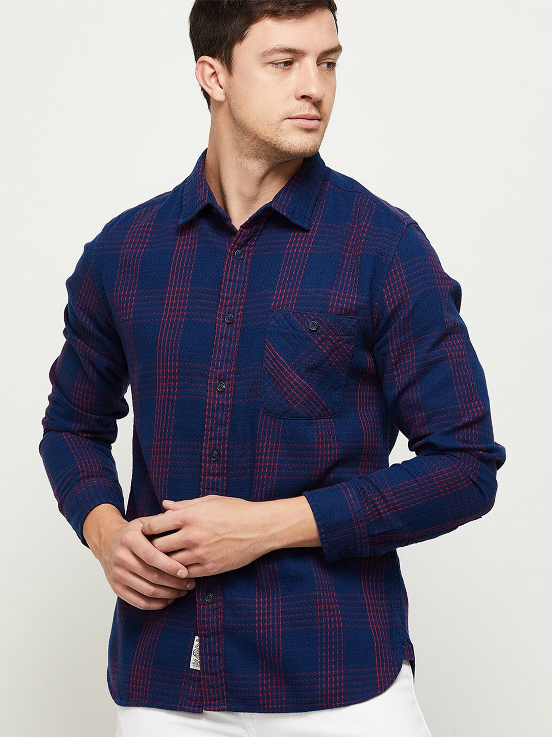 

max Men Blue Tartan Checks Checked Casual Shirt