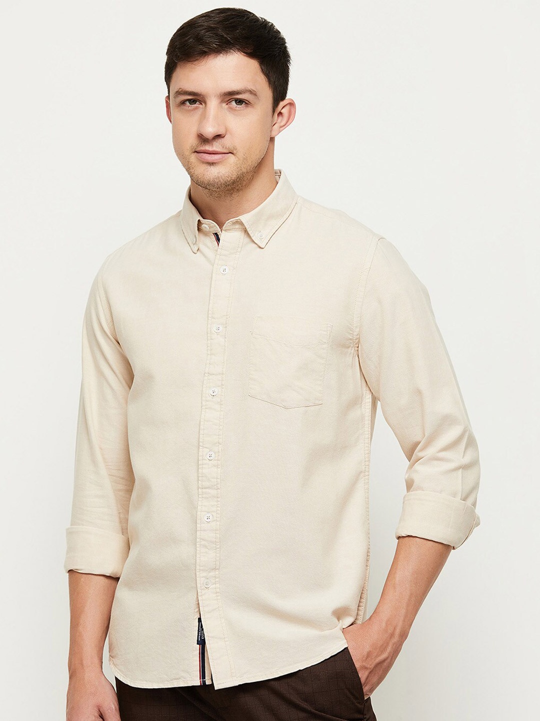 

max Men Beige Solid Regular Fit Pure Cotton Casual Shirt