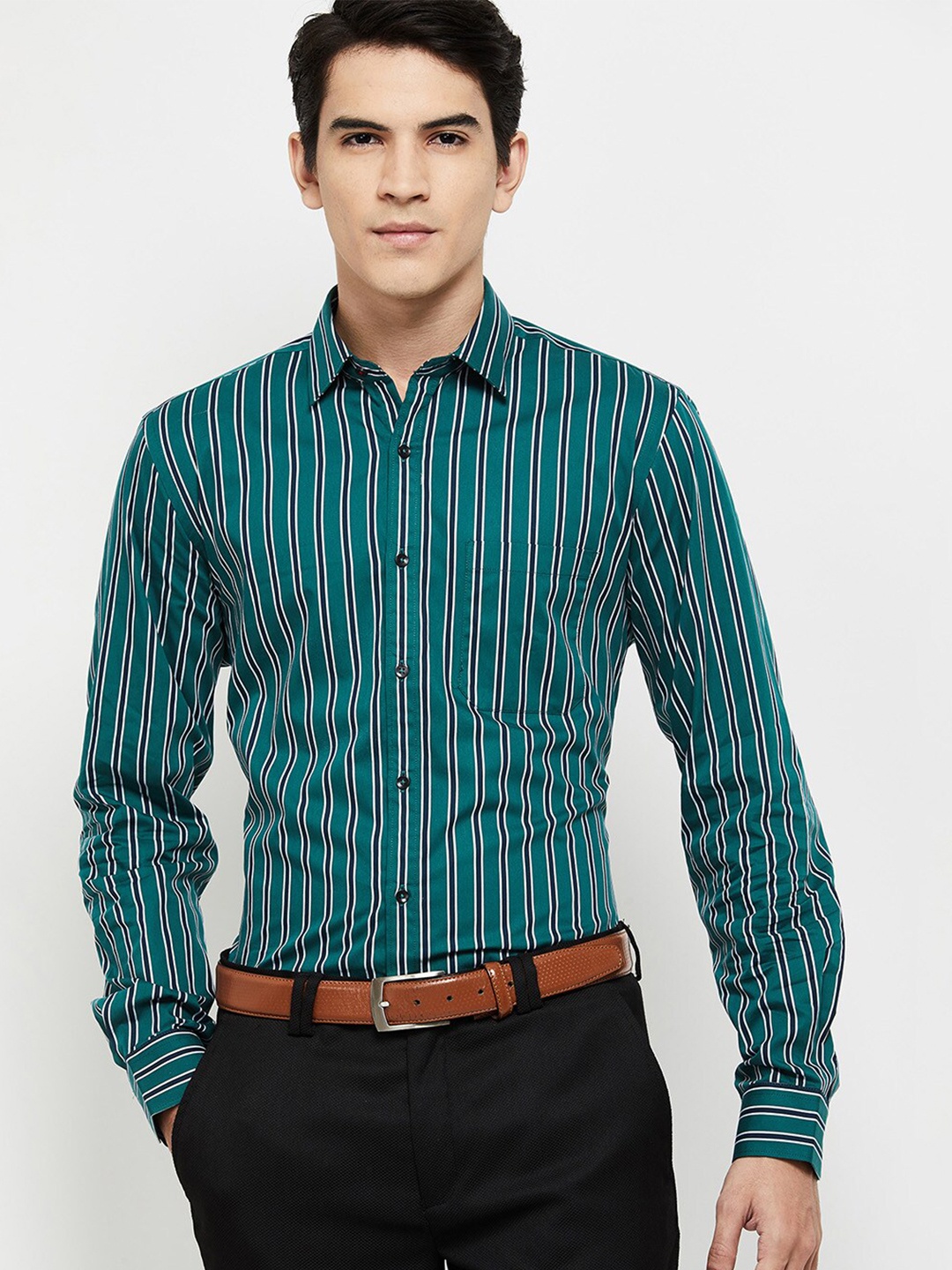 

max Men Green Striped Casual Shirt