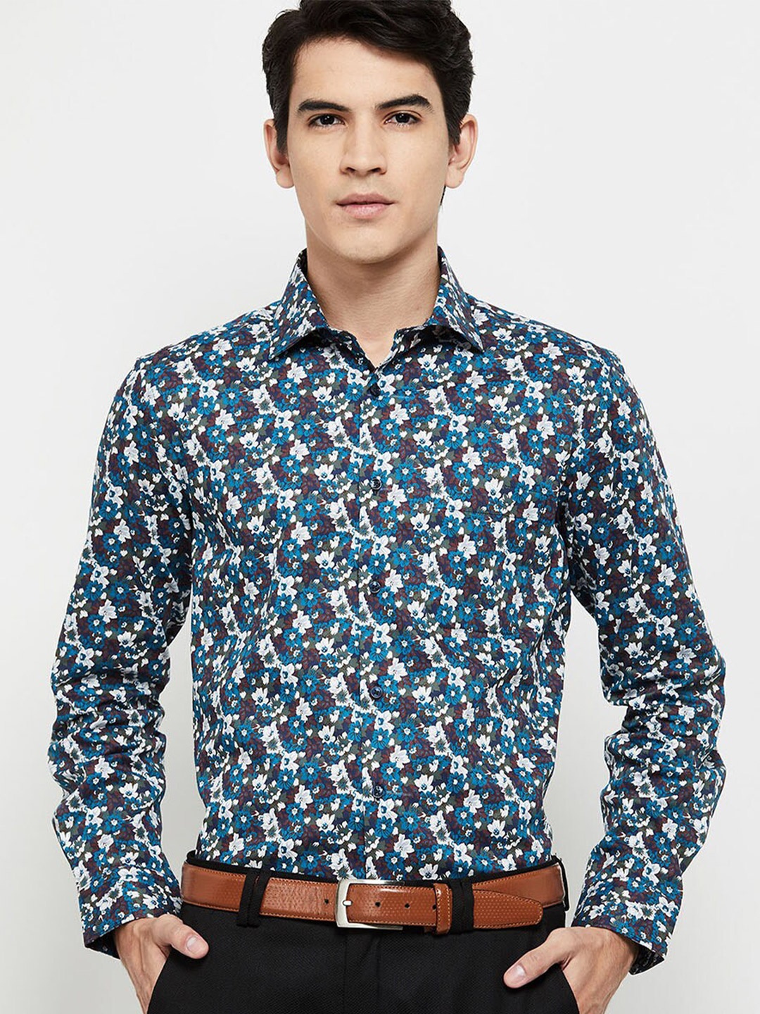

max Men Teal Floral Printed Casual Shirt