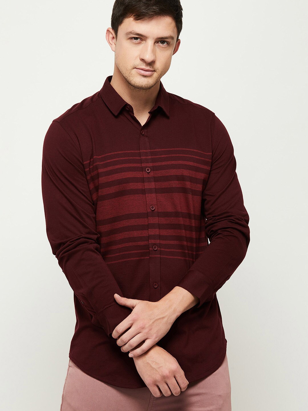 

max Men Maroon Horizontal Stripes Casual Shirt