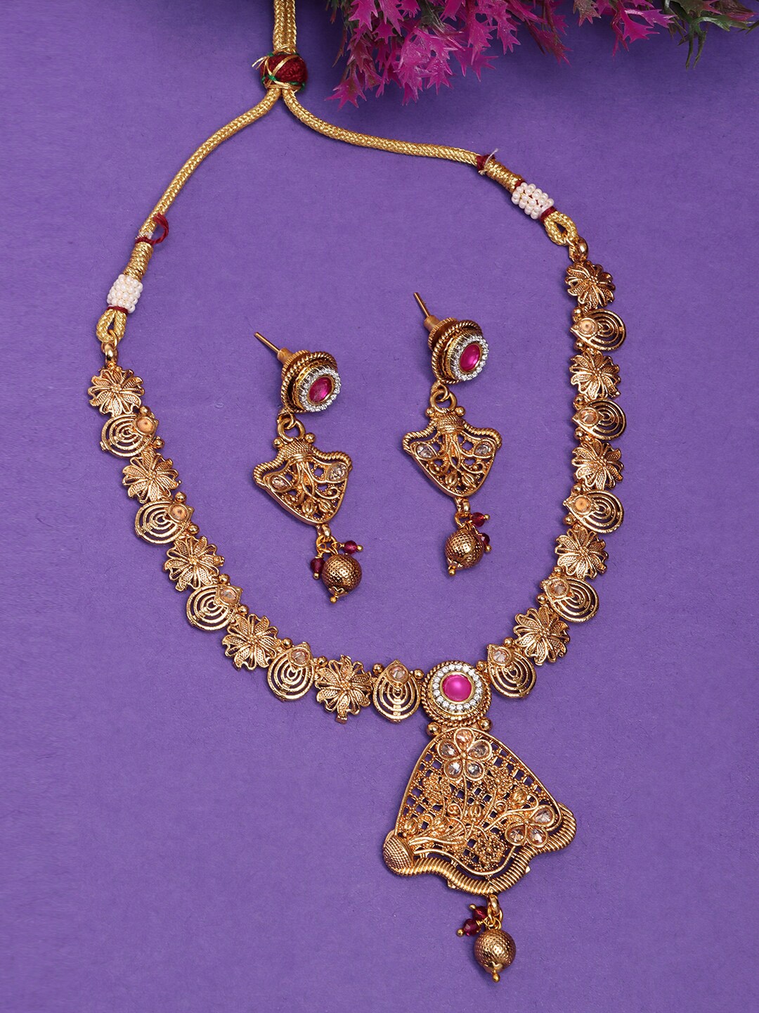 

JEWELS GEHNA Gold-Plated & Magenta Stone Studded Jewellery Set