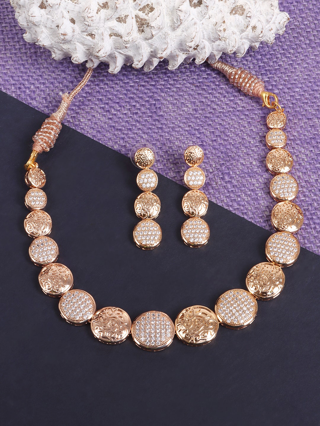 

JEWELS GEHNA Handcrafted Round shape Gold-Plated White AD Studded Jewellery Set