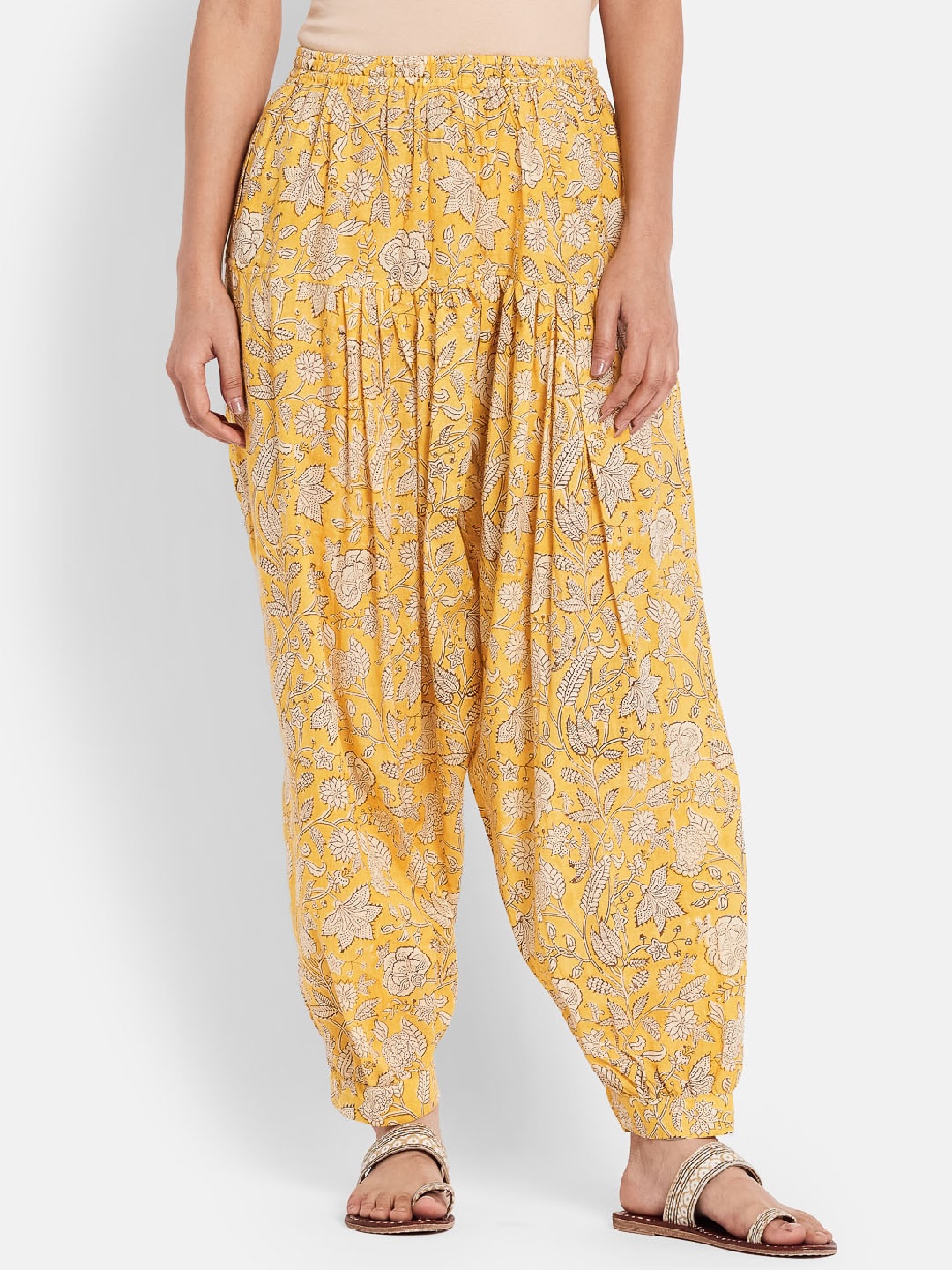 

Fabindia Women & Beige Yellow Floral Printed Pure Cotton Salwar