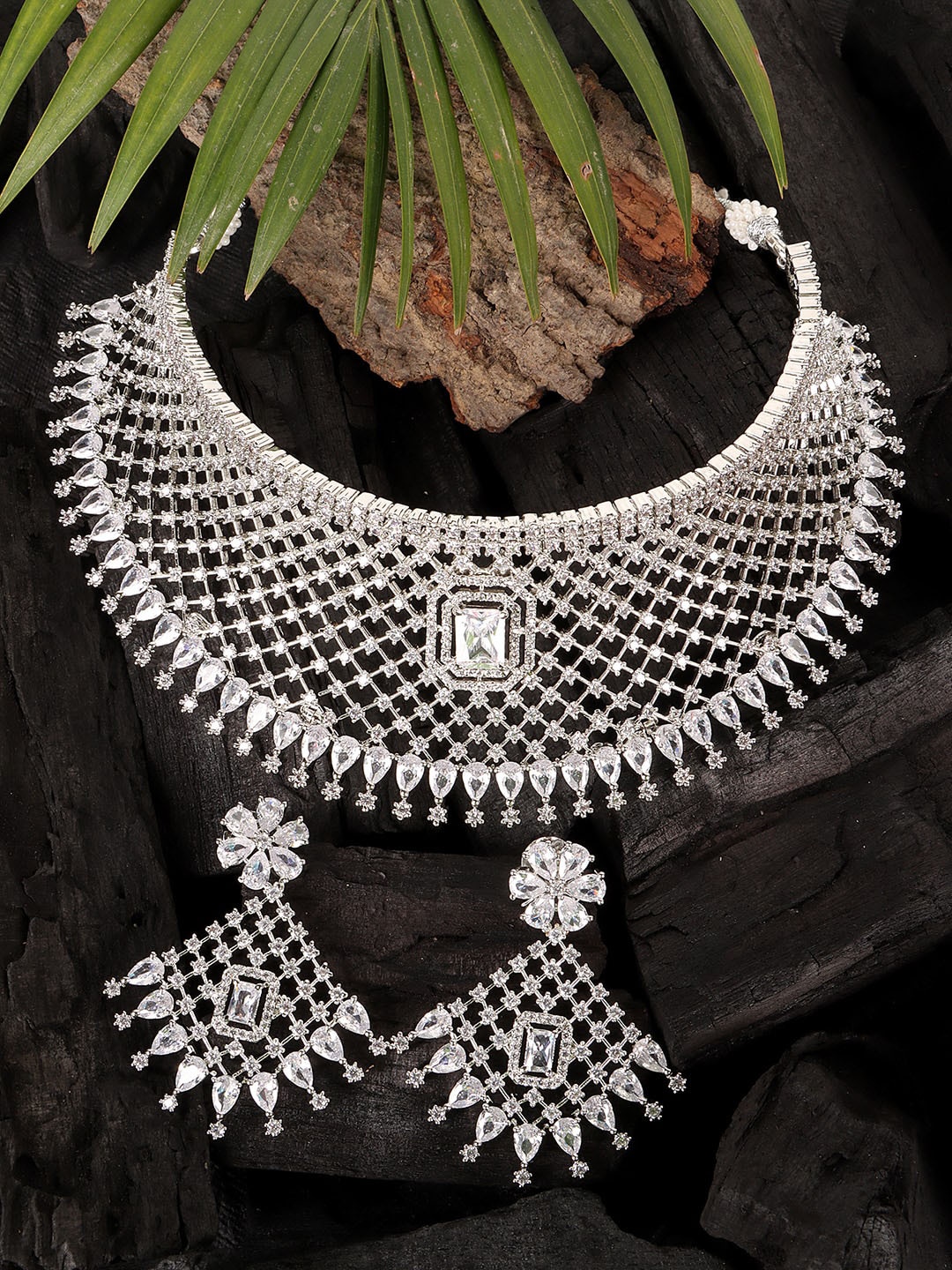 

JEWELS GEHNA Silver-Plated White AD Studded Jewellery Set