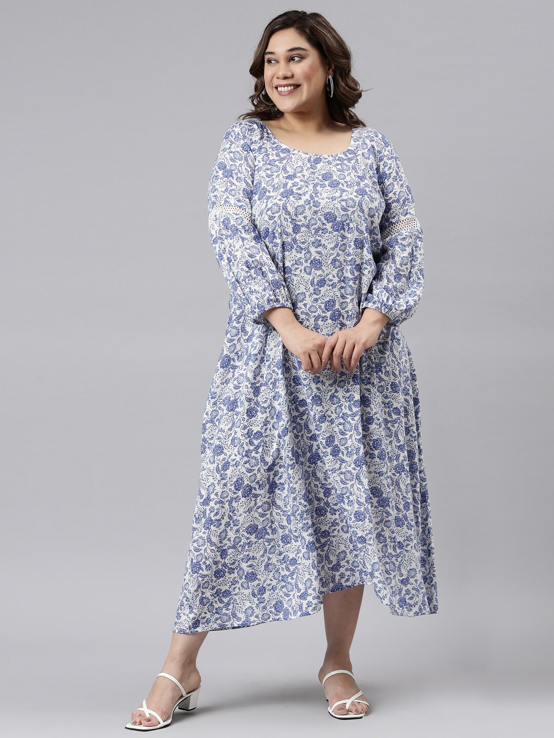 

The Pink Moon Plus Size White & Blue Floral Linen A-Line Midi Dress