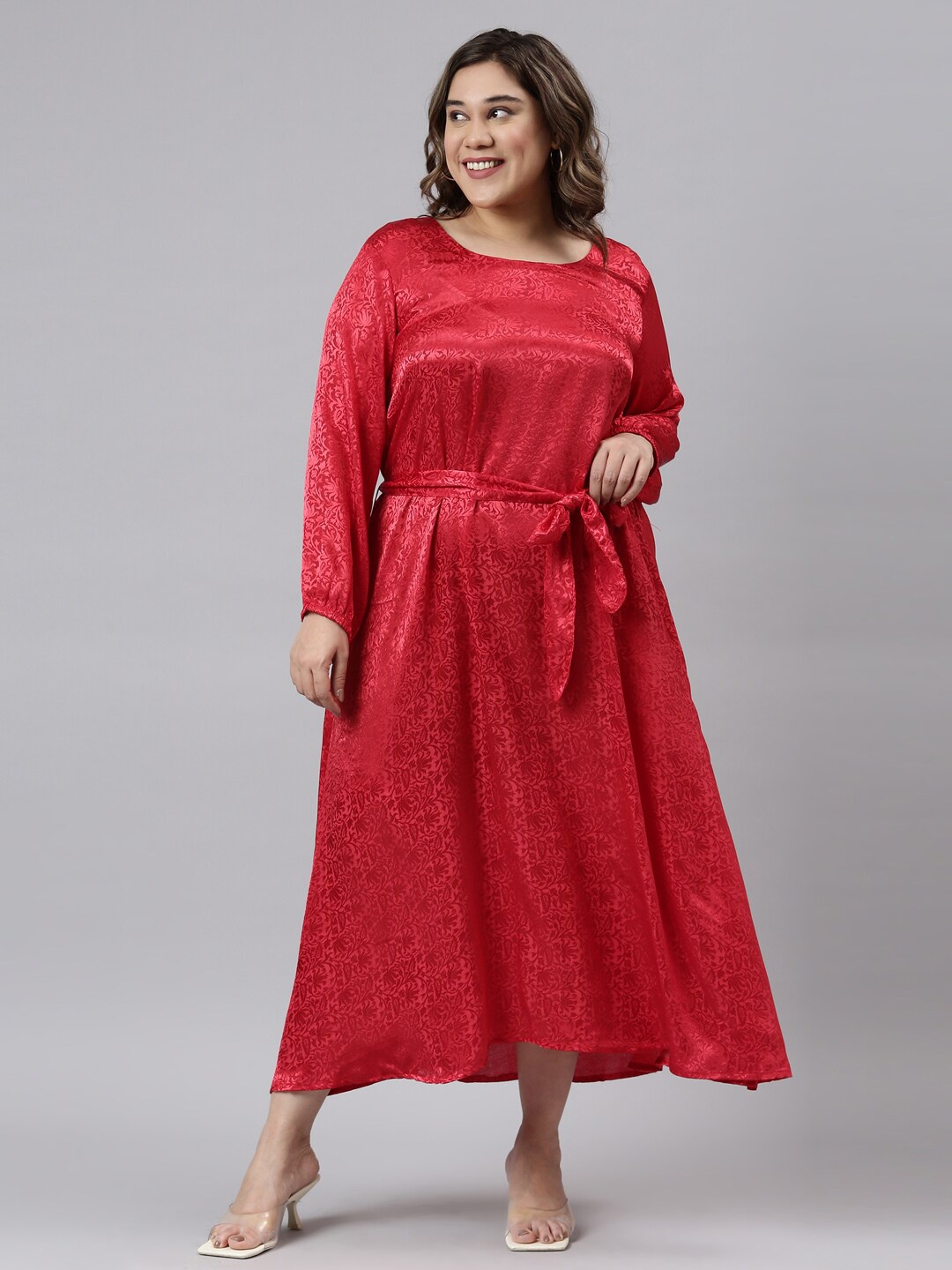 

The Pink Moon Red Ethnic Motifs Jacquard A-Line Midi Dress