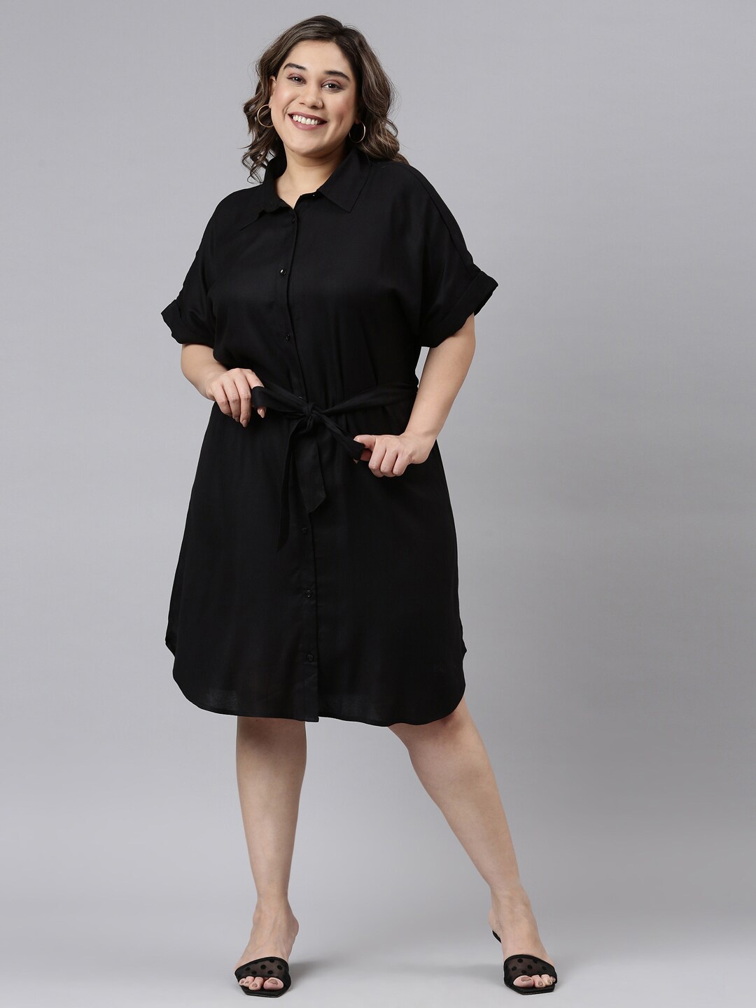 

The Pink Moon Women Plus Size Black Solid Shirt Dress