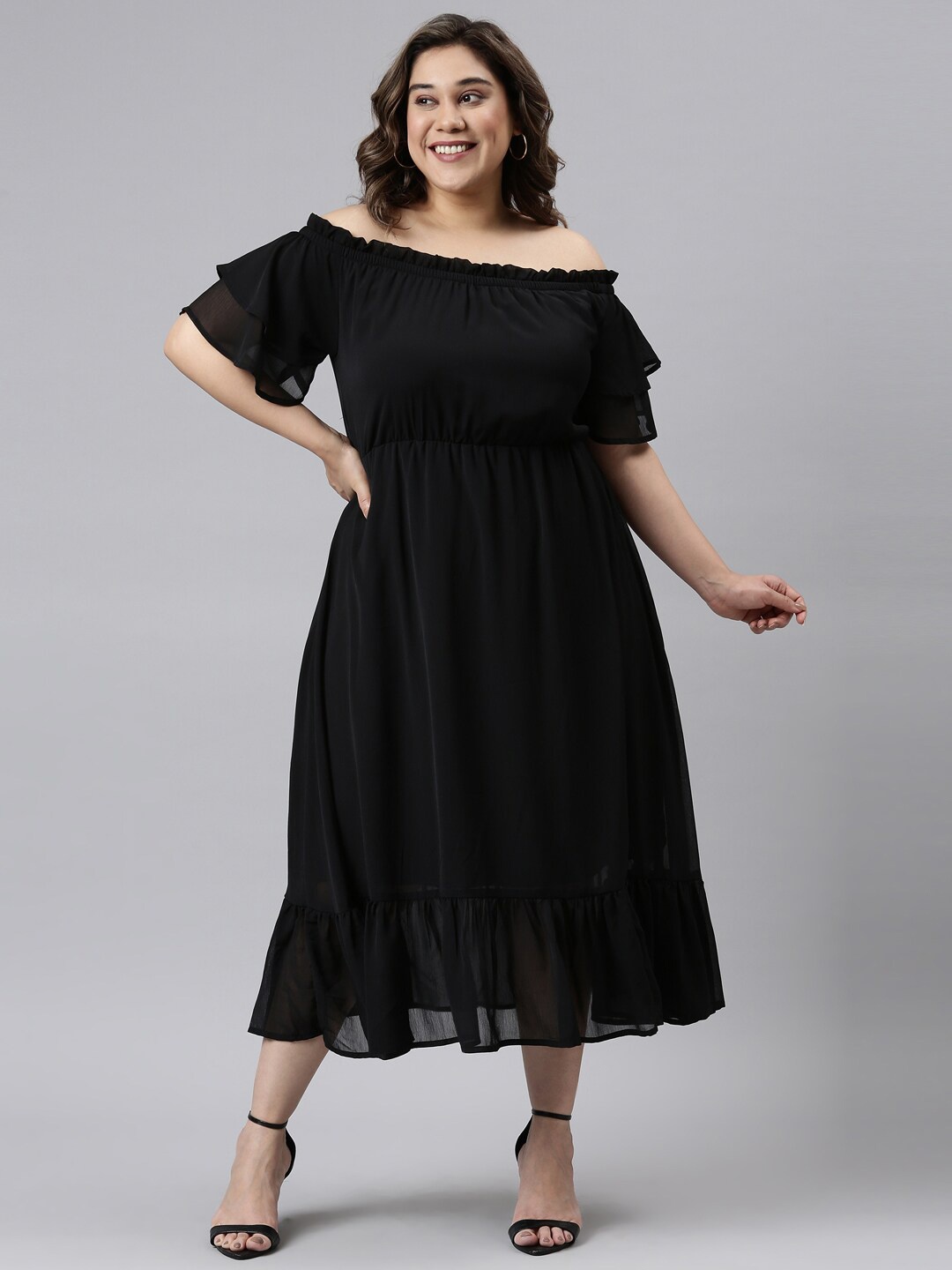 

The Pink Moon Black Off-Shoulder Chiffon Empire Midi Dress