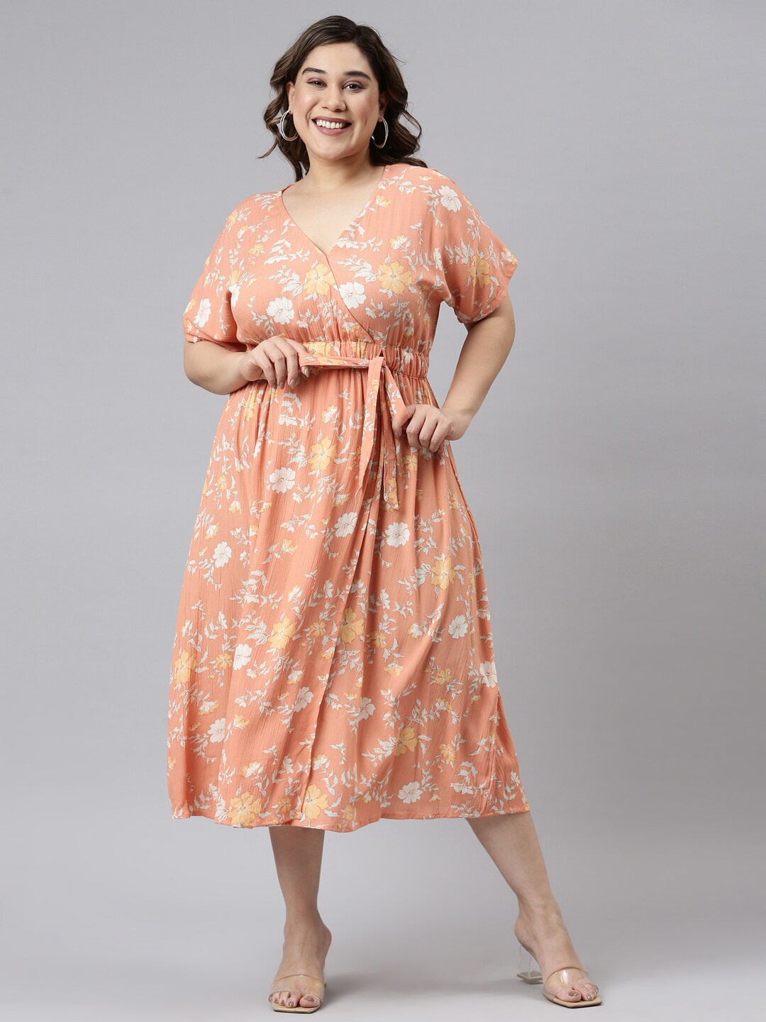 

The Pink Moon Peach-Coloured Floral Midi Dress