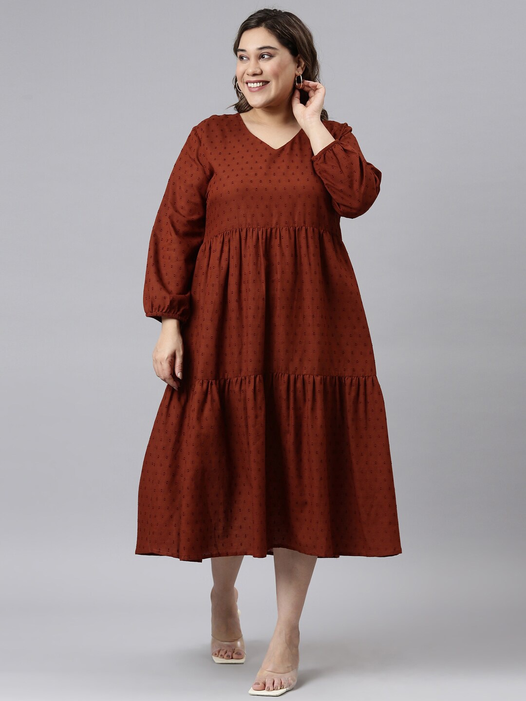 

The Pink Moon Brown A-Line Tiered Midi Dress
