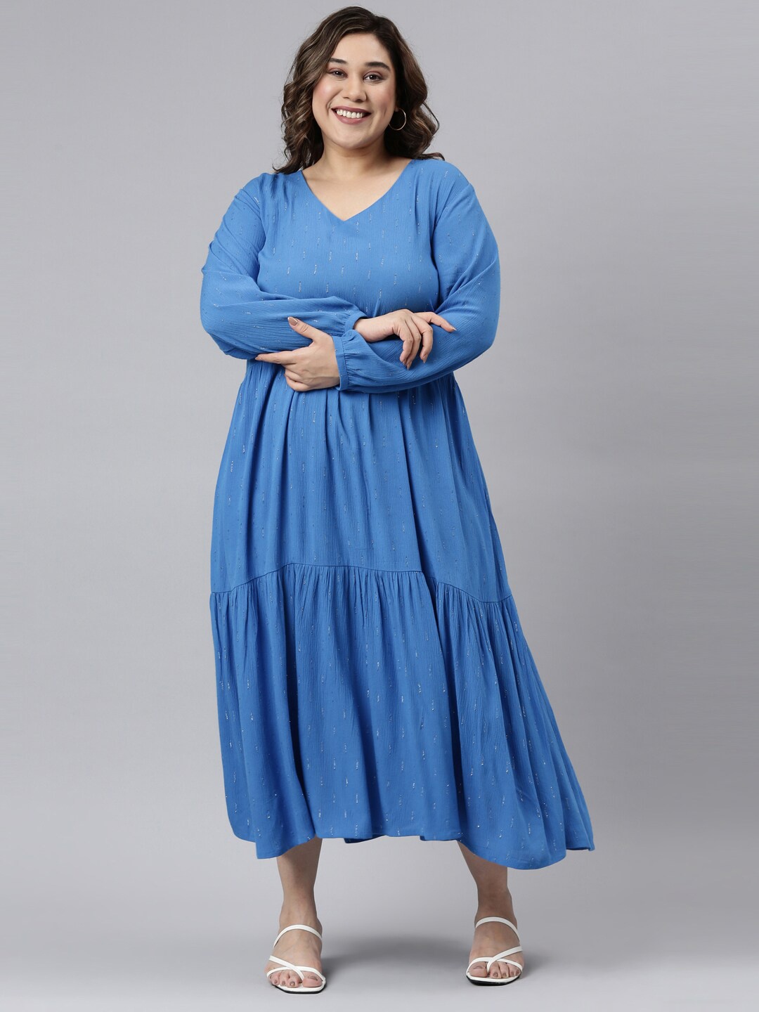 

The Pink Moon Plus Size Blue Tiered Full Sleeved Maxi Dress