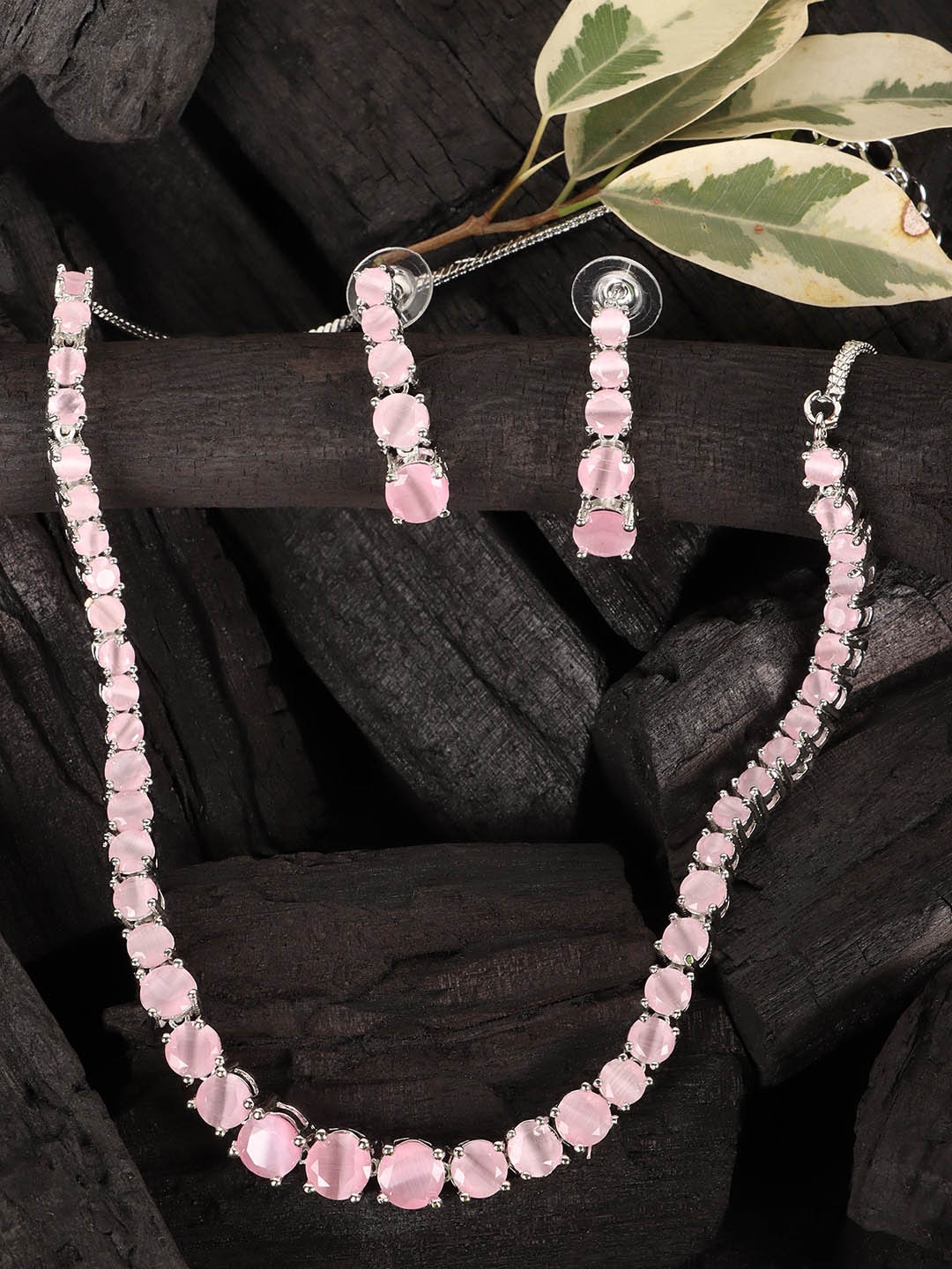 

JEWELS GEHNA Silver-Plated Pink AD-Studded Jewellery Set