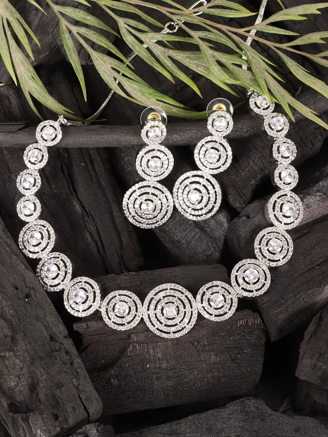 

JEWELS GEHNA Silver-Plated & White American Diamond Studded Jewellery Set