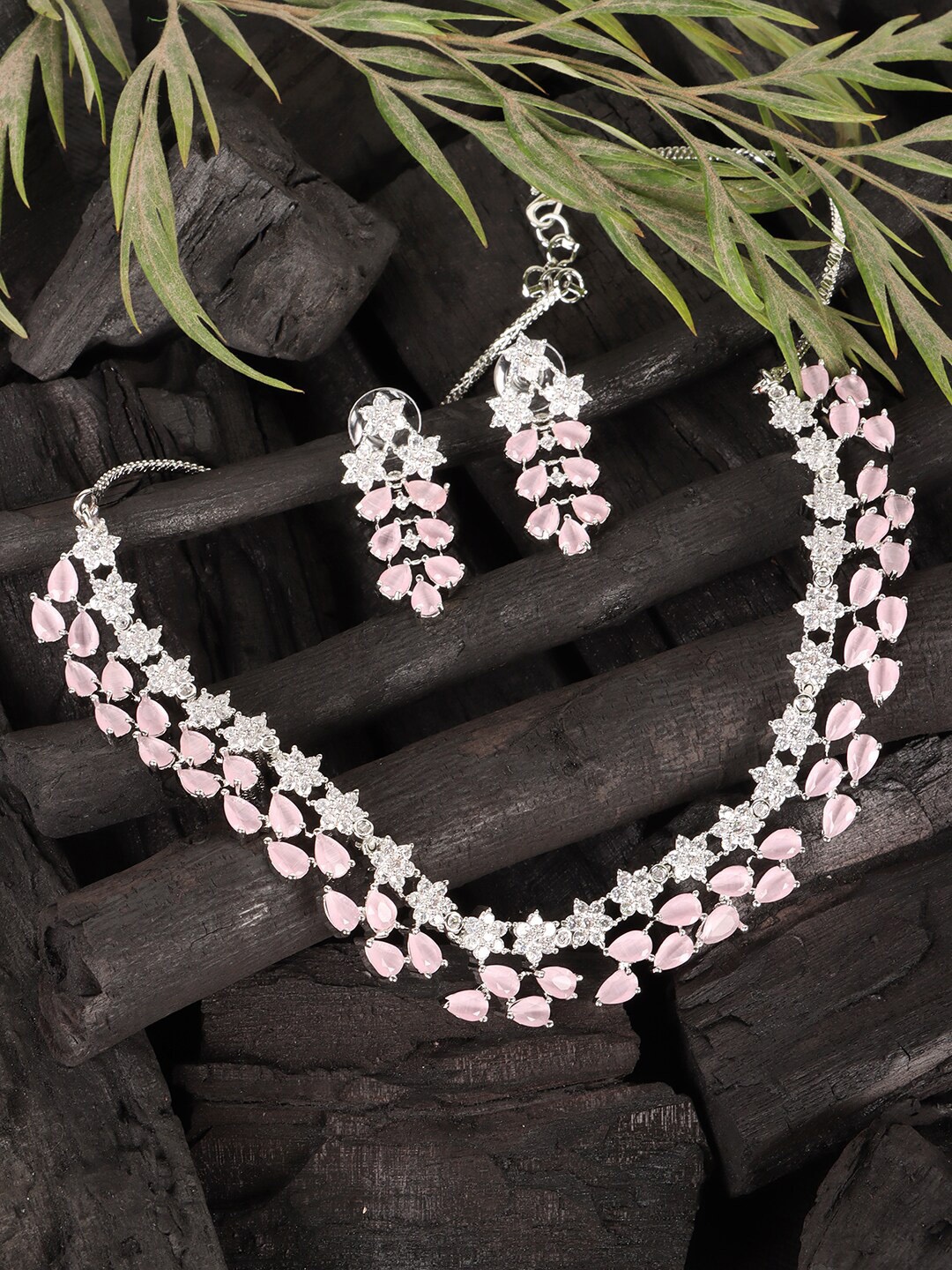 

JEWELS GEHNA Silver-Plated Pink & White AD-Studded Jewellery Set