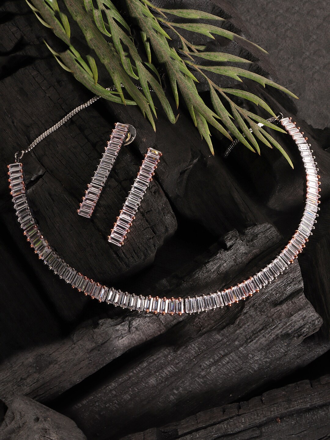 

JEWELS GEHNA Rhodium-Plated White AD Stone-Studded Jewellery Set