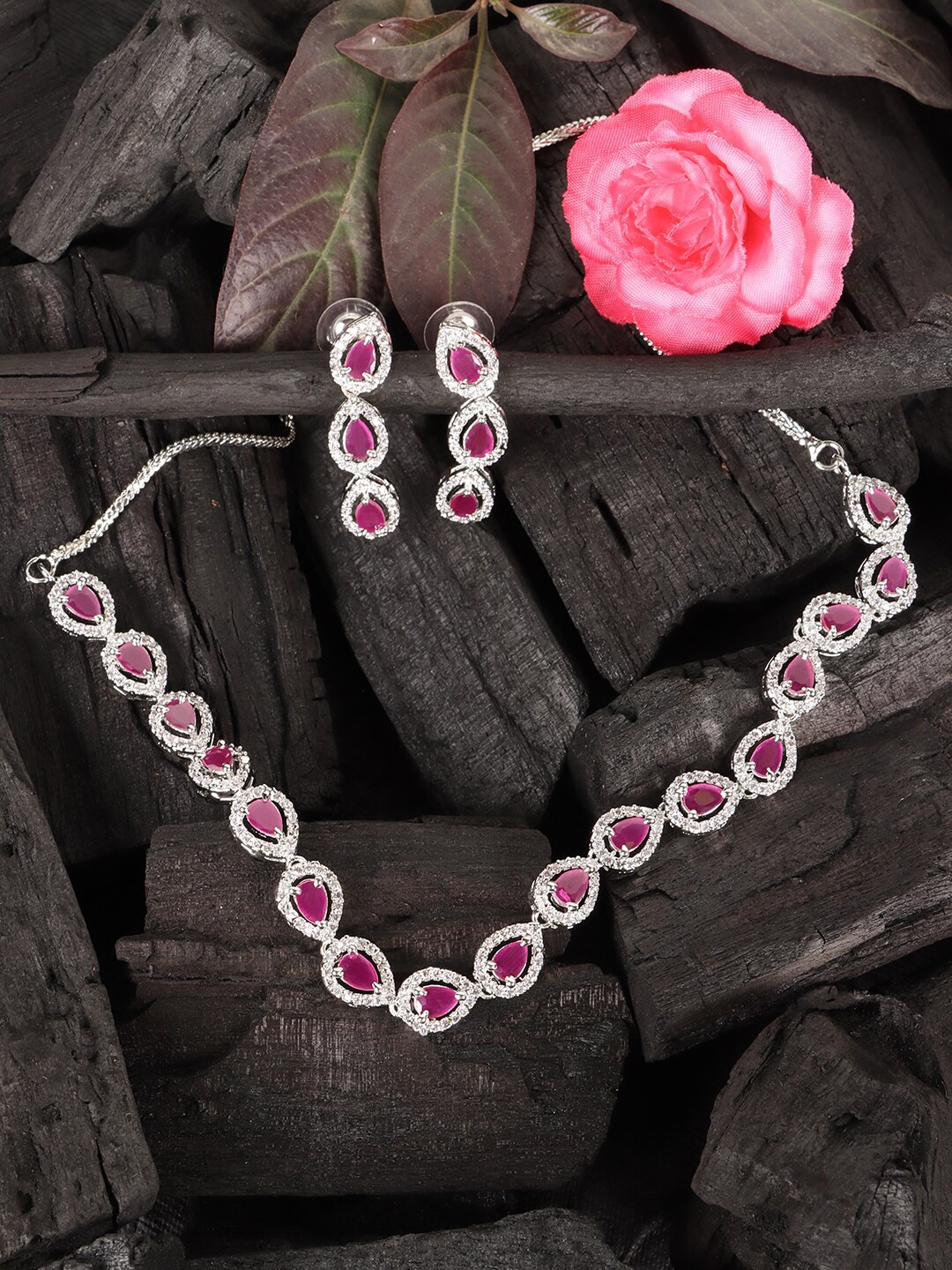 

JEWELS GEHNA Silver-Plated Magenta American Diamond Studded Jewellery Set