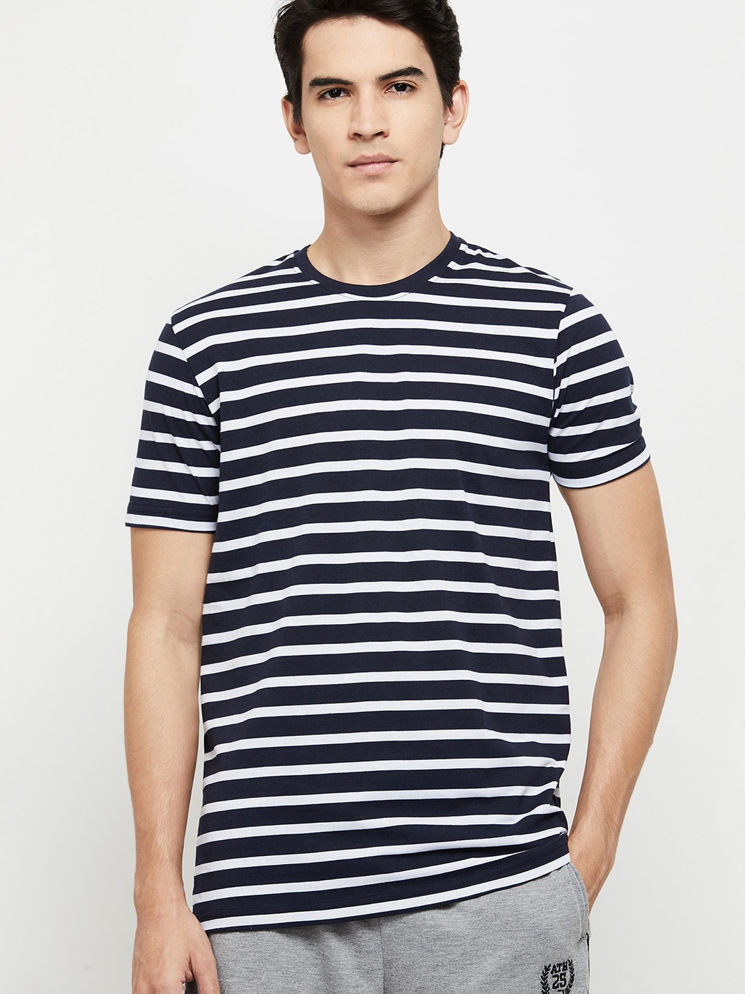 

max Men Navy Blue & White Striped Cotton Lounge Tshirts