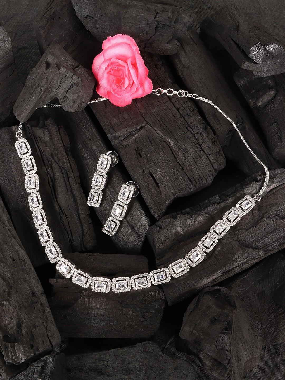

JEWELS GEHNA Silver-Plated & White AD Stone-Studded Jewellery Set