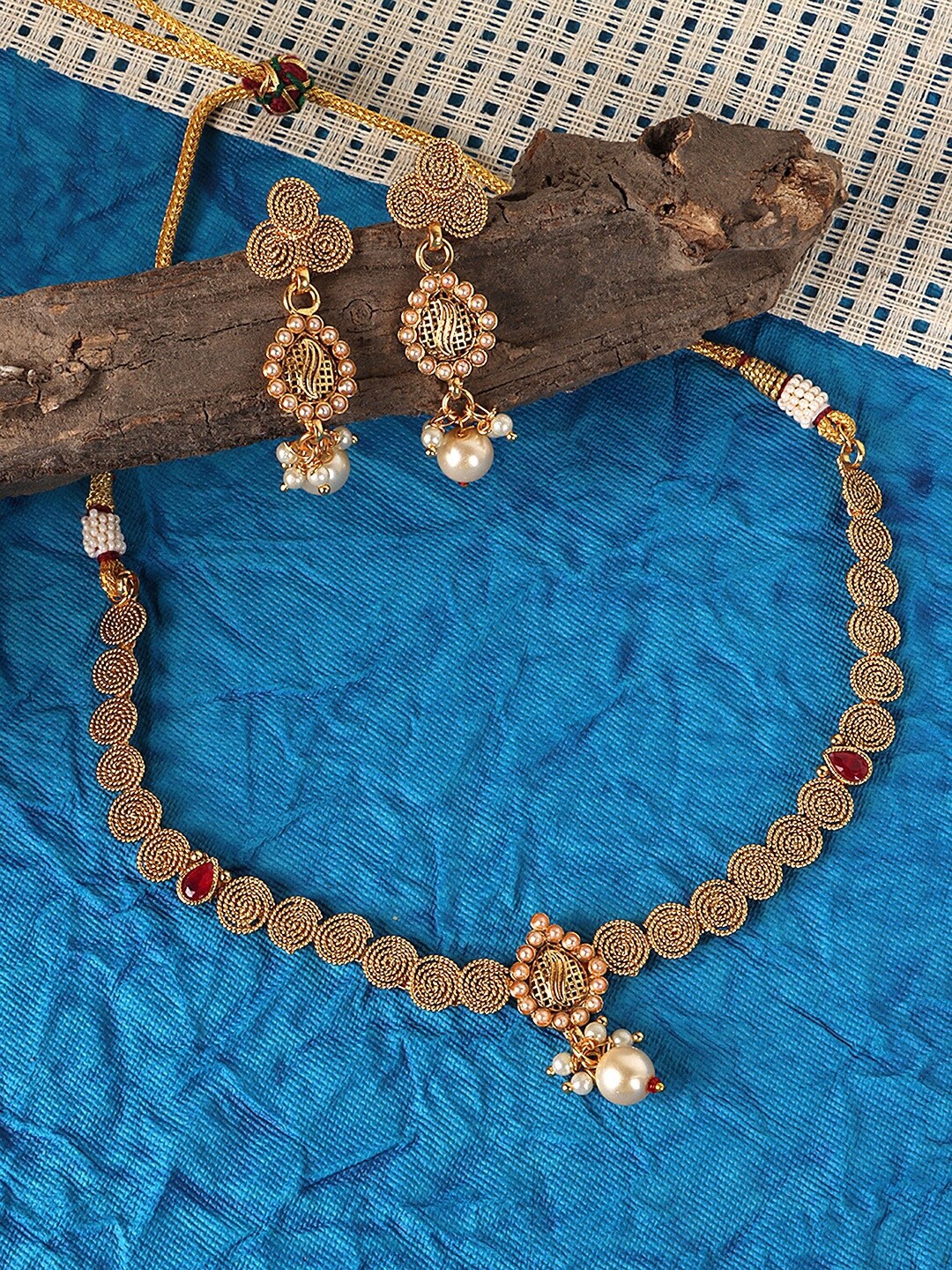 

JEWELS GEHNA Gold-Plated White Stone Studded & Beaded Jewellery Set