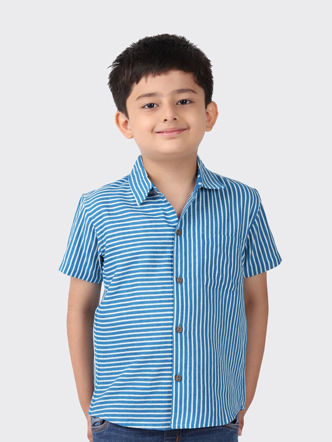 

Fabindia Boys Blue Horizontal Striped Cotton Linen Casual Shirt