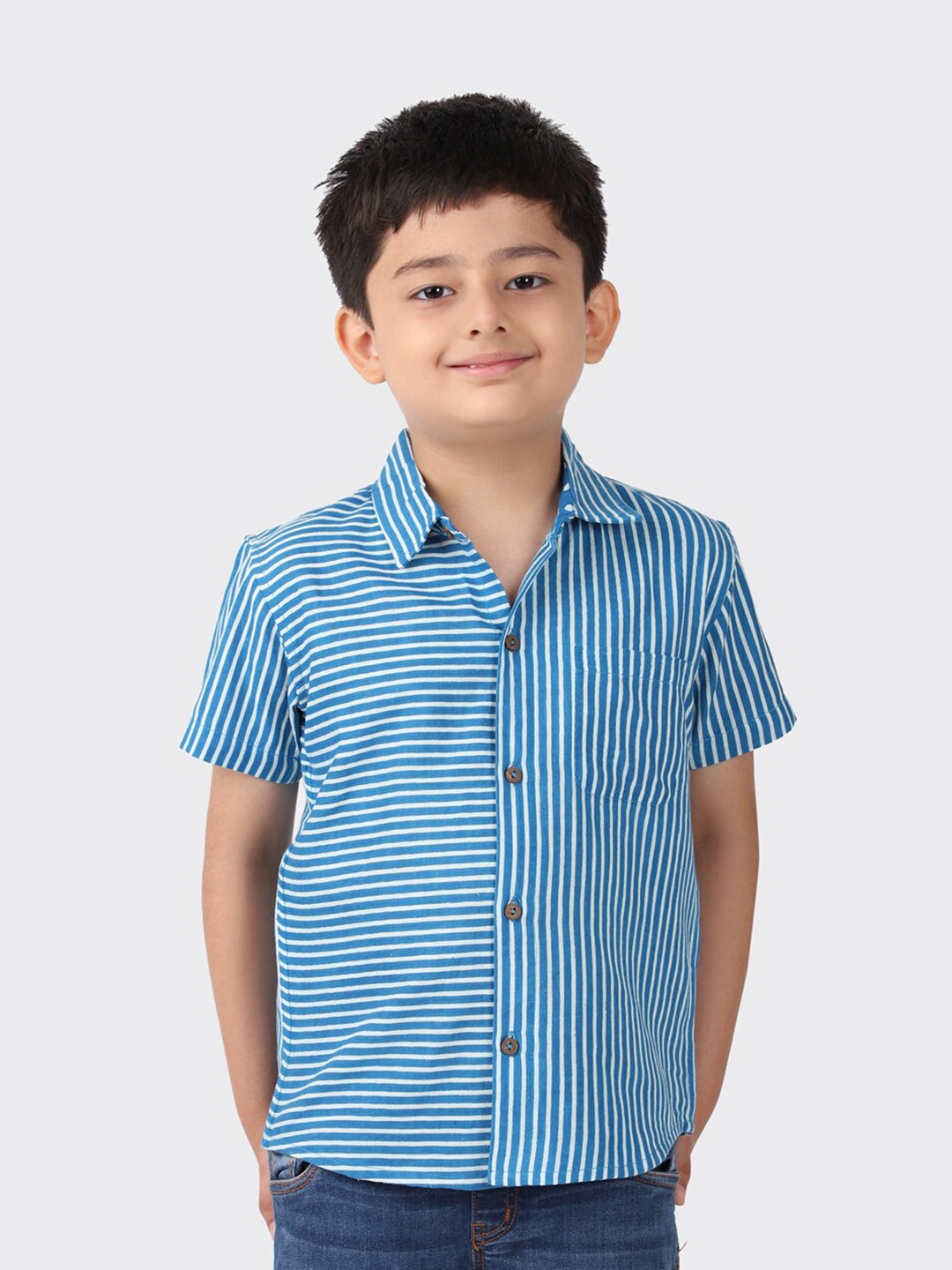 

Fabindia Boys Blue Horizontal Striped Cotton Linen Casual Shirt