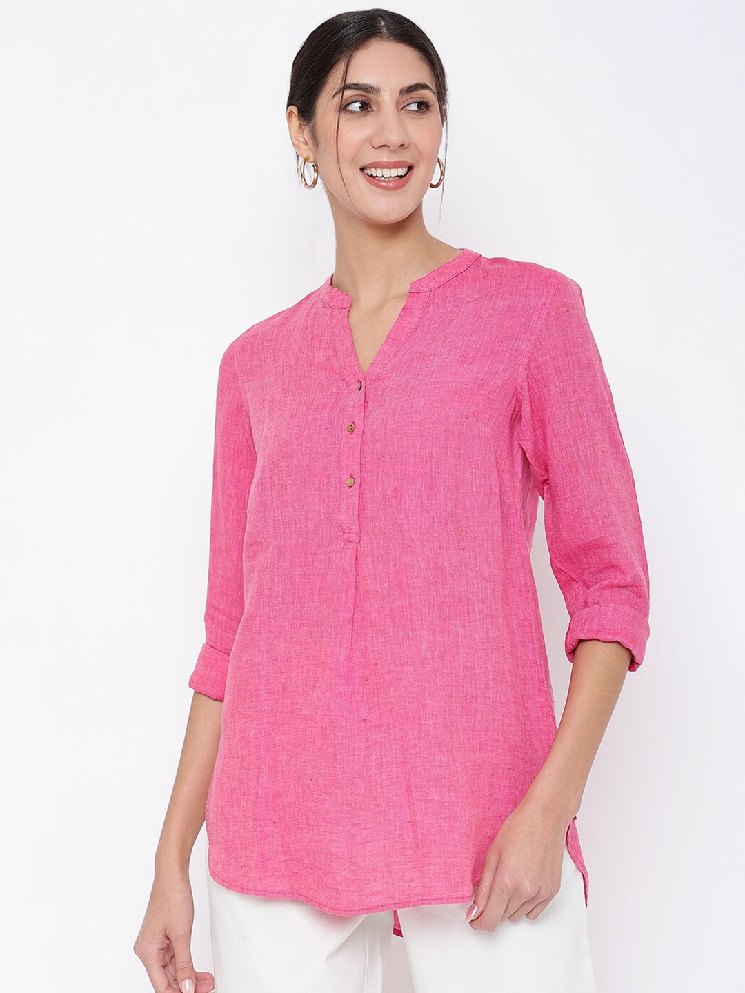 

Fabindia Women Pink Linen Mandarin Collar Tunic