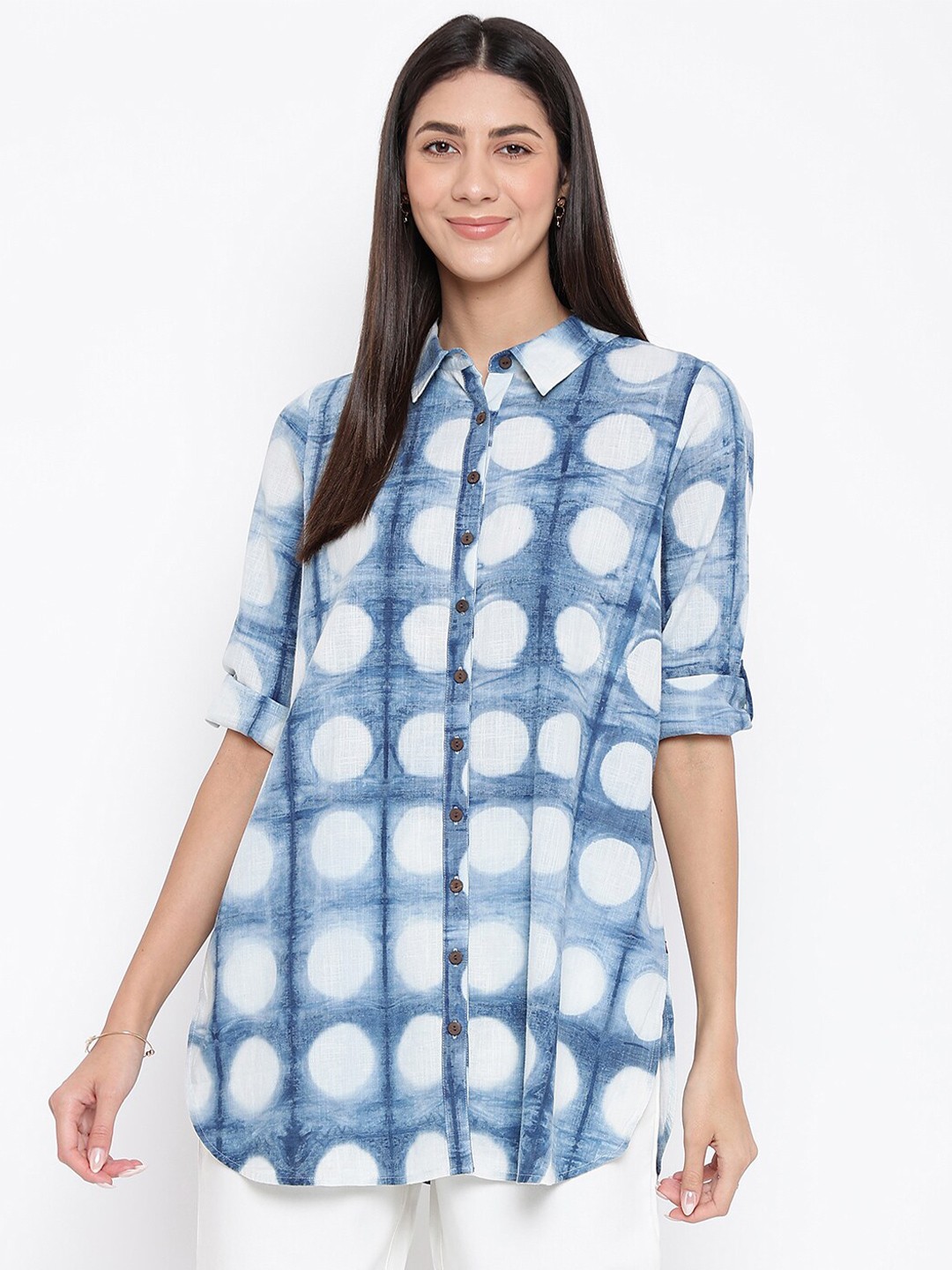 

Fabindia Blue & White Collar Shirt Printed Tunic